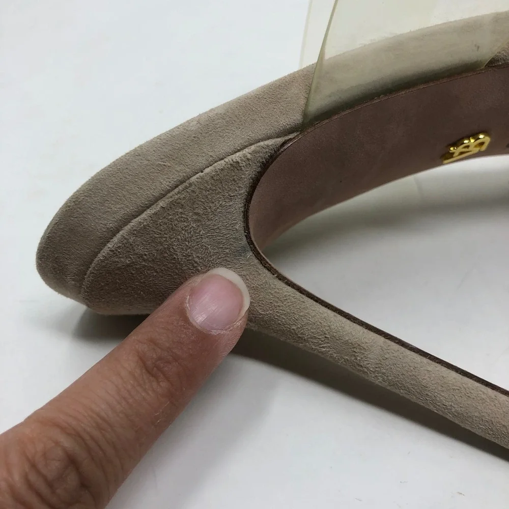 Veronica Beard Asha Sandals Womens 7.5 Tan Suede Clear PVC Double Strap Stiletto